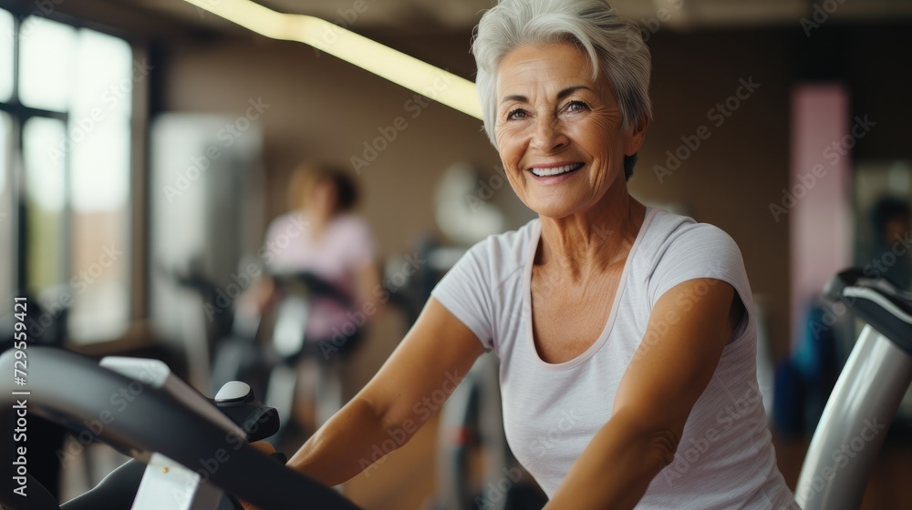 Obraz premium Smiling senior woman exercising on bike in gym, active, healthy lifestyle.
