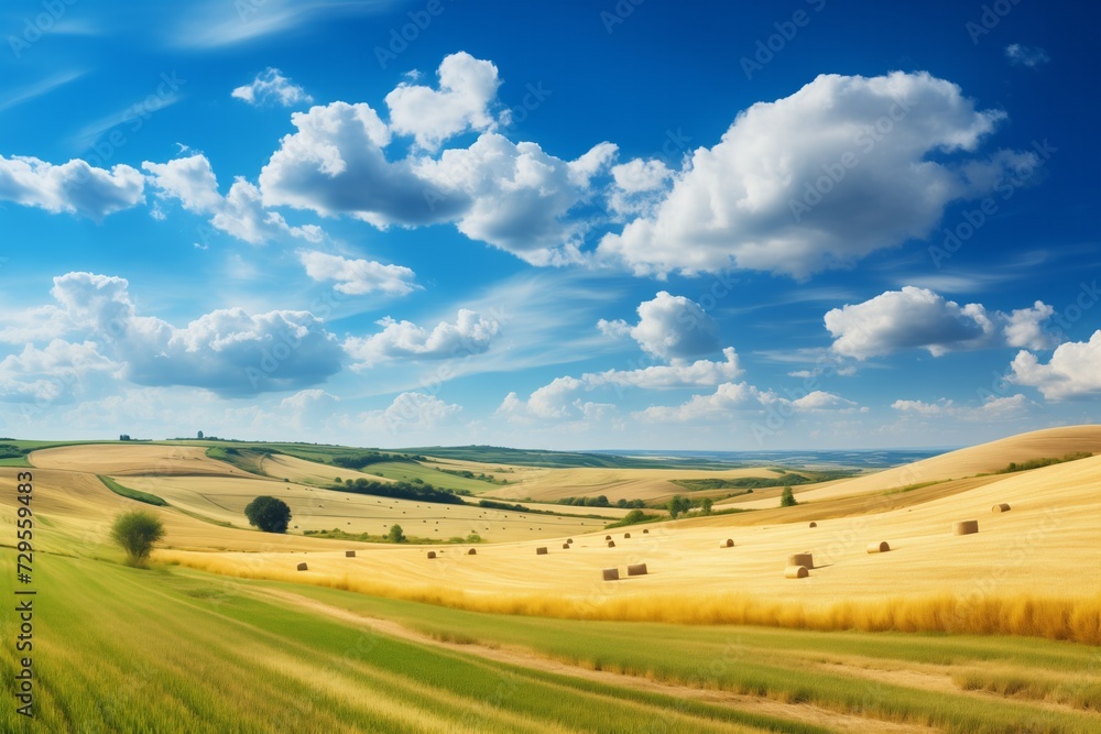 Round straw bales dot the field harvested from cereal plants in an agricultural setting Round straw bales dot the field harvested from cereal plants in an agricultural setting