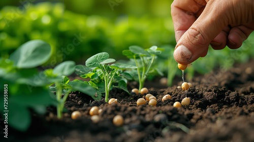 Portrait of soybean seeding and planting in field with a big empty space, Generative AI.