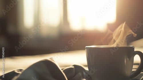 AI generated illustration of a morning light shining on a steaming cup of coffee photo