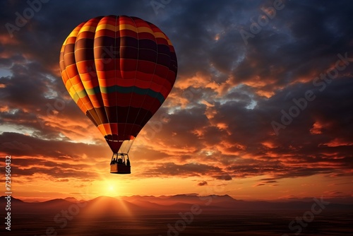 As the sun sets, the silhouette of a hot air balloon ascends against the horizon, copy space © Radmila Merkulova