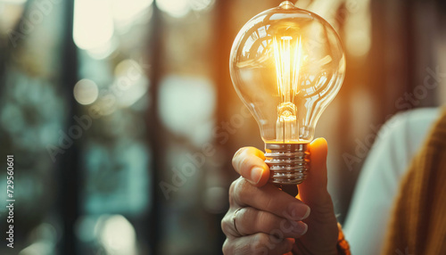 Human hand holding a glowing light bulb. Glowing light bulb natural background with copy space. Switch supplier or energy tariff, innovation, electricity price, electricity provider