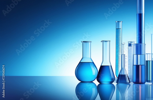 Laboratory equipment beakers and flask with blue background