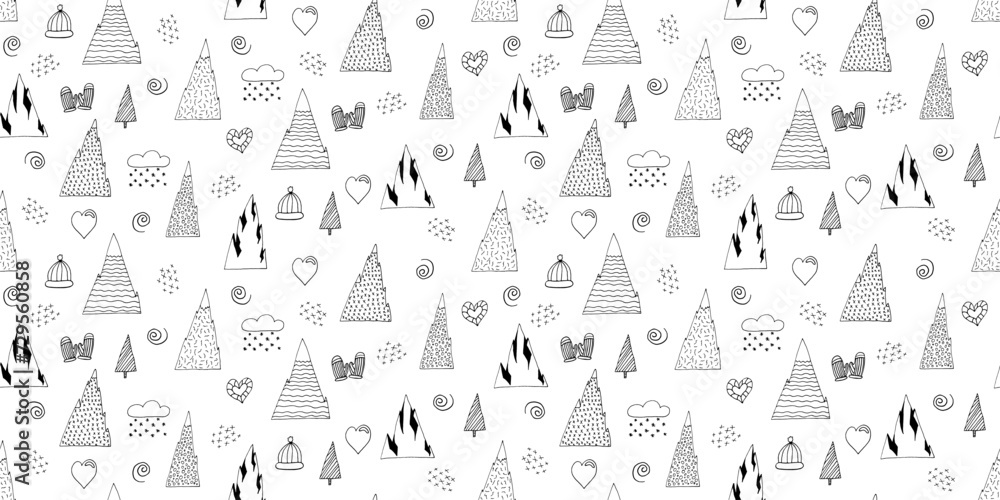 Seamless hand draw pattern with mountains, trees, hearts, hats in doodle style. Black line pattern on white background. Scandinavian style pattern for design. Minimalistic texture.