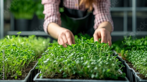 A girl plants seeds of micro greens close-up in a modern greenhouse. Healthy diet
