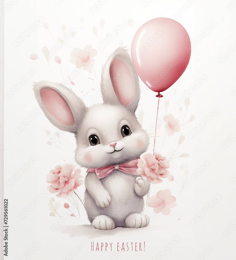 Cute bunny with flowers and a ball. Delicate illustration of the Easter bunny in a pink tone on a white background Cute bunny with flowers and a ball. Delicate illustration of the Easter bunny in a pink tone on a white background