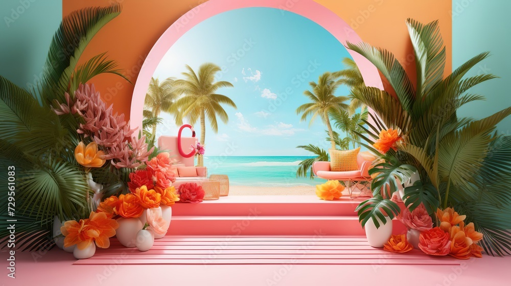 Summer themed tropical podium for product or cosmetics display. Background for branding, packaging and product advertising