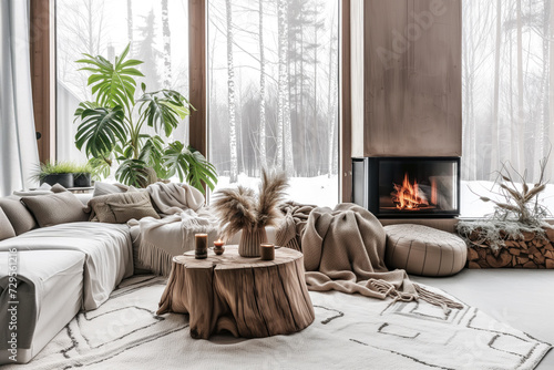 Interior design of modern apartment with sofa and fireplase. Interior mockup. Scandinavian interior design. Generative AI photo