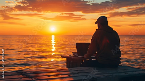freelancer working on the sea at sunset with a computer 