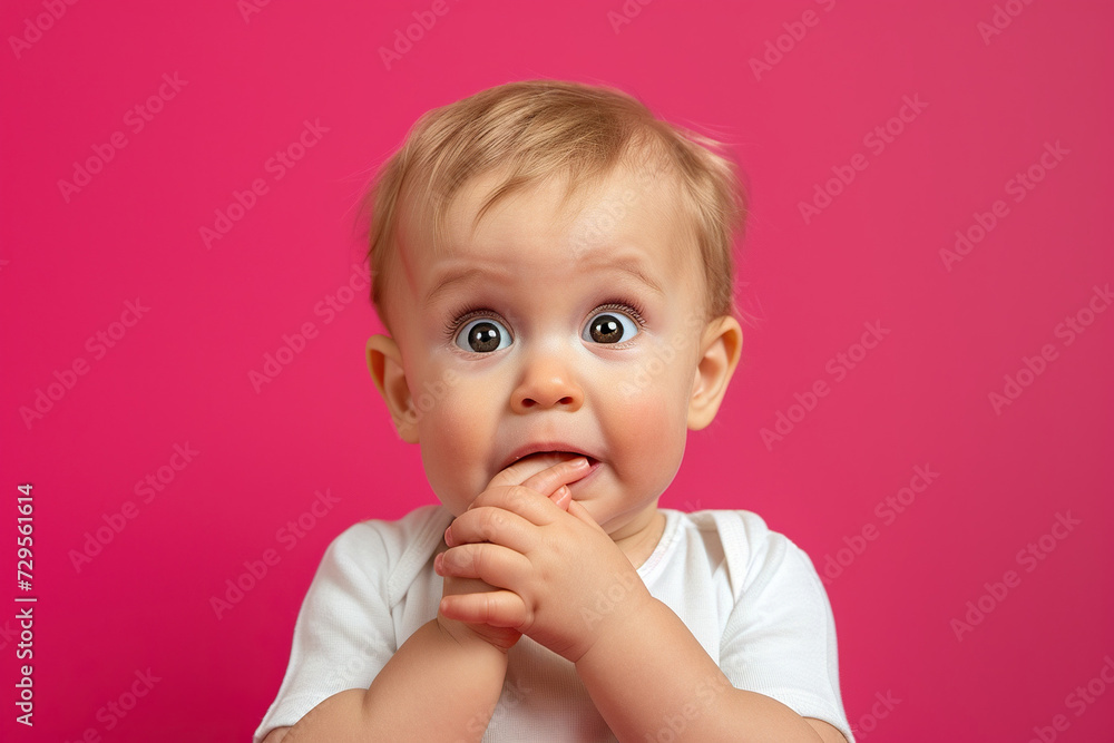 Nervous baby boy and biting nails in studio with oops reaction to gossip on pink background Nervous baby boy and biting nails in studio with oops reaction to gossip on pink background
