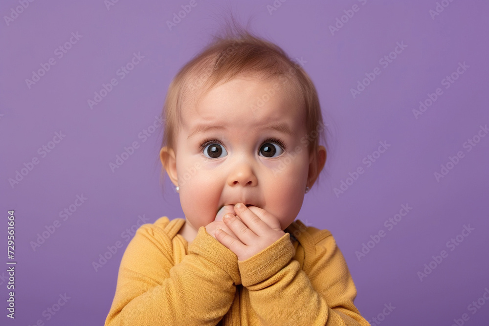 Nervous baby girl and biting nails in studio with oops reaction to gossip on purple background. Nervous baby girl and biting nails in studio with oops reaction to gossip on purple background.