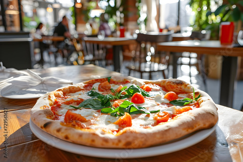 A Pizza Is Sitting On A White Plate On A Wooden Table. margherita.
