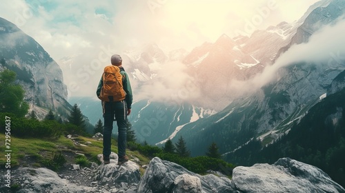 hiker in mountains on beautiful rock background 