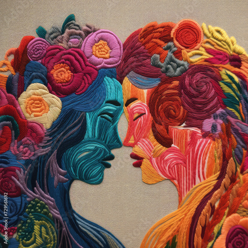 Colourful Embroidered Image of Two Lovers, Flowery Rose Design