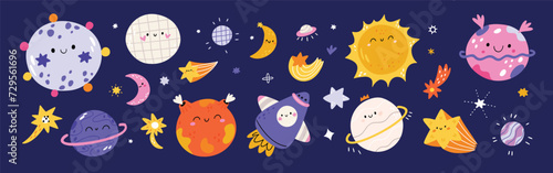 Space planets illustration. Cute space adventure baby planet, rocket, galaxy, moon, stars, meteorites in cartoon flat style