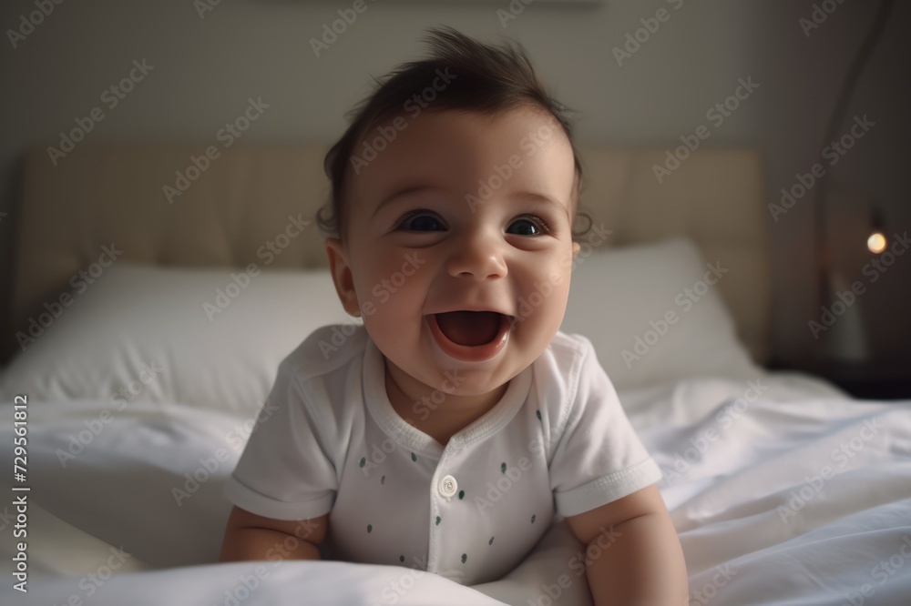 happy little baby 5-9 months old in a bodysuit sits on a bed on a white bed linen, smiling. The concept of children's products.. generative AI happy little baby 5-9 months old in a bodysuit sits on a bed on a white bed linen, smiling. The concept of children's products.. generative AI