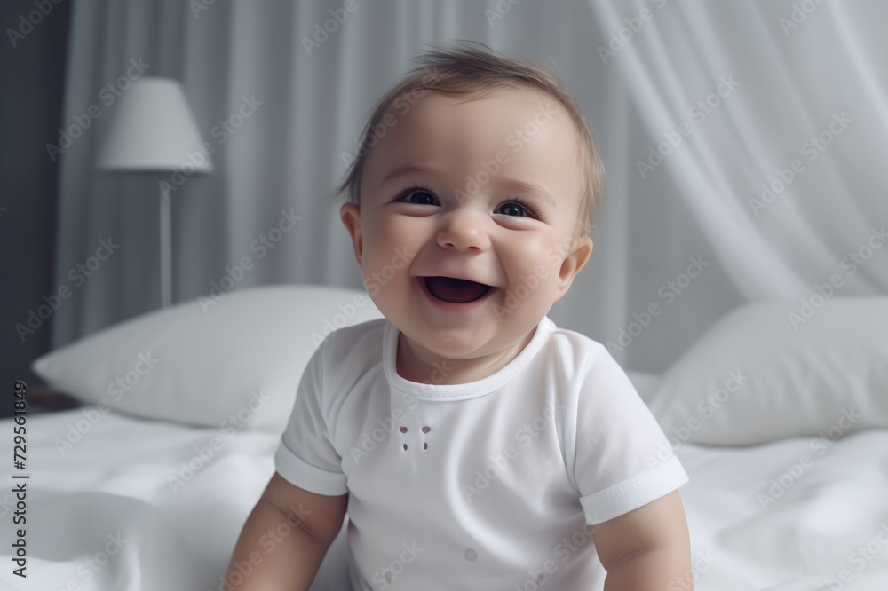 happy little baby 5-9 months old in a bodysuit sits on a bed on a white bed linen, smiling. The concept of children's products.. generative AI