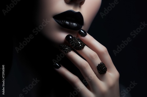 Beauty fashion model with black makeup. Fashionable black manicure with caviar. Manicure. Dark lipstick and nail polish. Isolated on black background. photo
