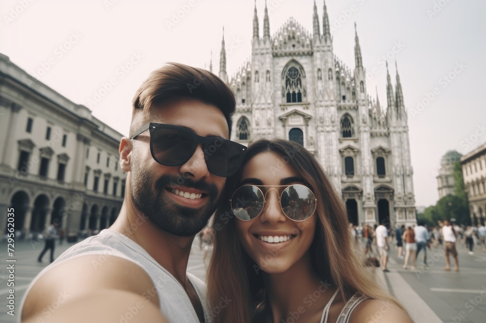 Happy couple taking selfie photo in Barcelona.