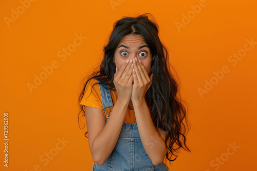 Nervous Latin woman in studio with oops reaction to gossip on orange background. Mistake, sorry and female overwhelmed by fake news