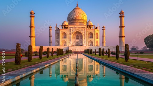 Taj Mahal main view on the sunset, famous marble mausoleum of Agra, Uttar Pradesh, India 