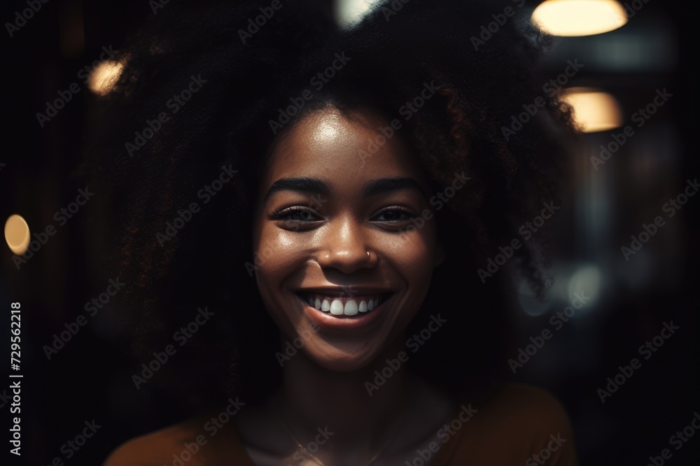 Portrait of young positive African American woman with curly hair laughing brightly while standing on street background Portrait of young positive African American woman with curly hair laughing brightly while standing on street background