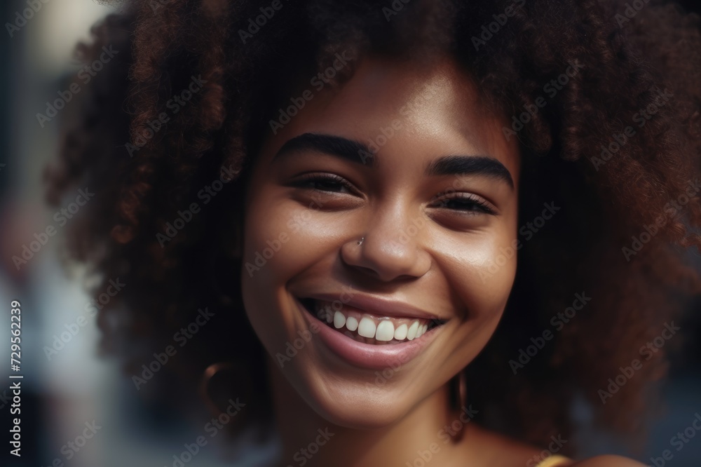 Portrait of young positive African American woman with curly hair laughing brightly while standing on street background Portrait of young positive African American woman with curly hair laughing brightly while standing on street background