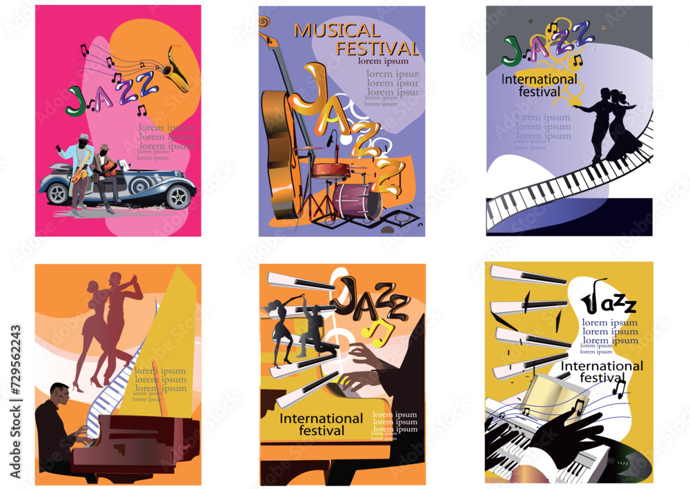 Obraz premium Abstract colorful posters with musicians and musical instruments at the party. Jazz band. Hand drawn vector illustration.