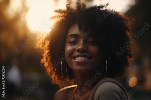 Portrait of young positive African American woman with curly hair laughing brightly while standing on street background © inna717