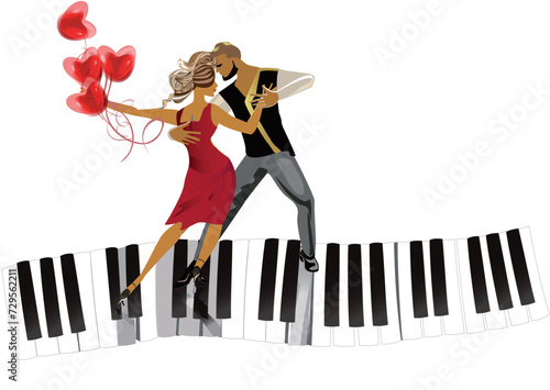 Beautiful romantic couple in passionate Latin American dances on the piano with hearts. Salsa festival.Hand drawn vector illustration. 