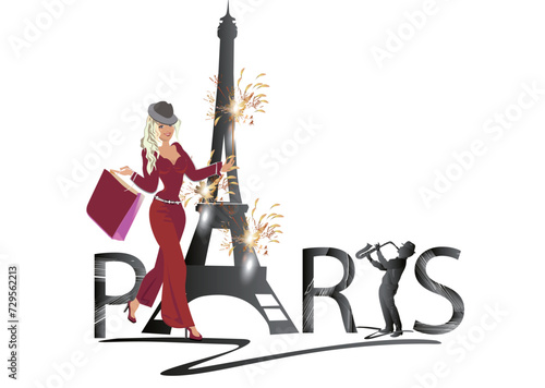 Design  with lettering Paris and the Eiffel tower, fashion girls in hats, musicians. Hand drawn vector illustration.