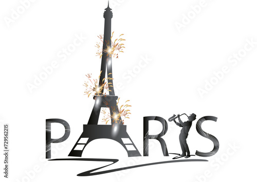 Design  with lettering Paris and the Eiffel tower, musicians. Hand drawn vector illustration.