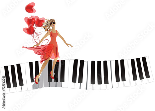 Design with a dancing girl with red hearts on the piano. Hand drawn vector illustration.
