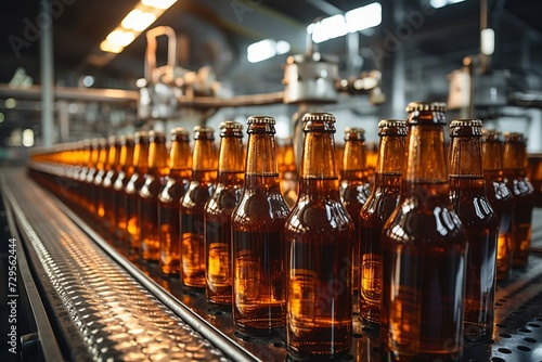 Conveyor belt with glass bottles filled with beer on brewery