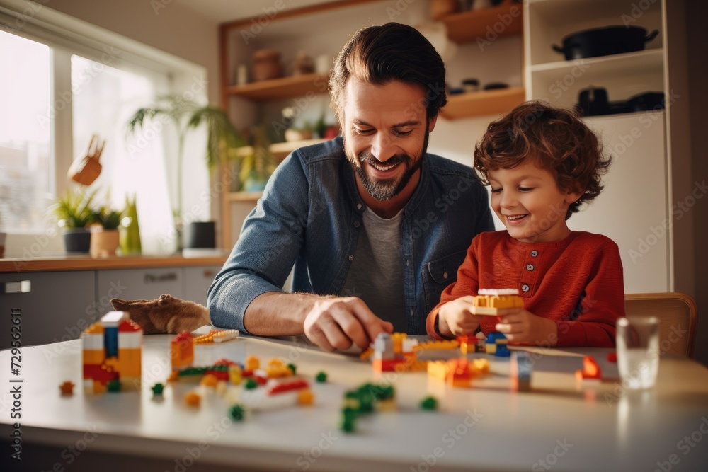 Family and childhood concept. A boy and a man play with legos. Father and son with a constructor. Dad and child build with plastic cubes - obrazy, fototapety, plakaty 