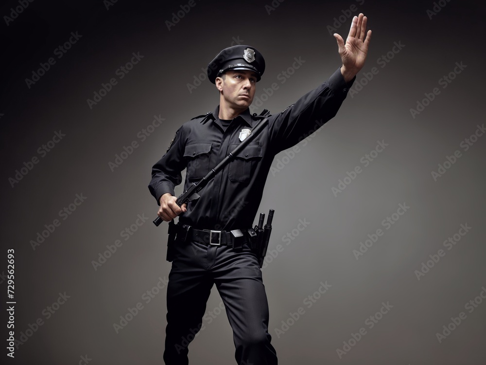 A police officer holding a nightstick and raising his hand to stop someone. A police officer holding a nightstick and raising his hand to stop someone.