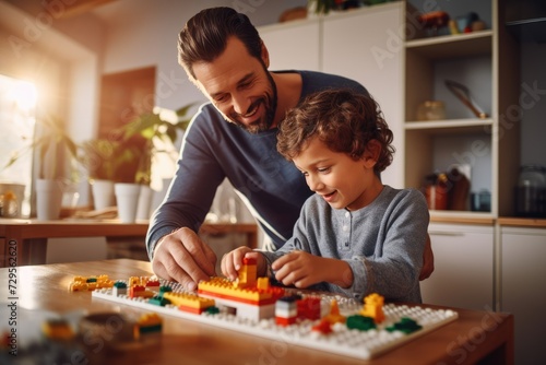 Family and childhood concept. A boy and a man play with legos. Father and son with a constructor. Dad and child build with plastic cubes