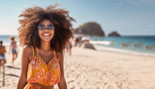 a beautiful young caucasian woman dancing at the beach on a vacation in summer, the sea or ocean water behind he
