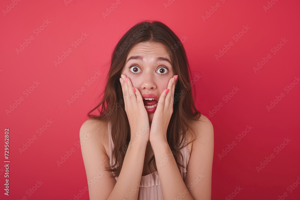 Nervous woman in studio with oops reaction on red background. Mistake, sorry and female overwhelmed by fake news, drama or secret with regret. Nervous woman in studio with oops reaction on red background. Mistake, sorry and female overwhelmed by fake news, drama or secret with regret.
