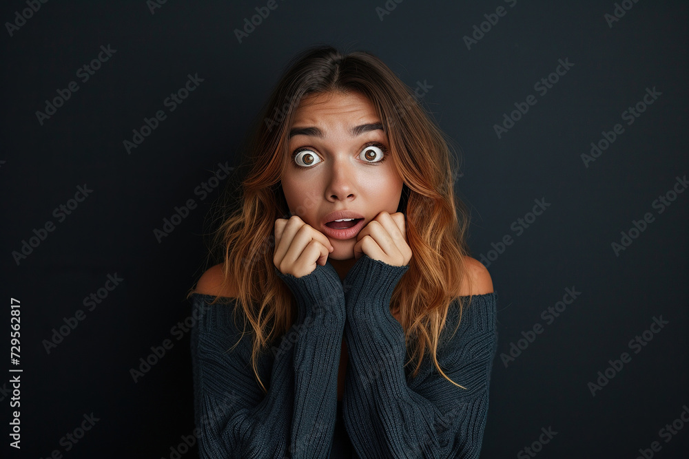 Nervous woman in studio with oops reaction on black background. Mistake, sorry and female overwhelmed by fake news, drama or secret with regret. Nervous woman in studio with oops reaction on black background. Mistake, sorry and female overwhelmed by fake news, drama or secret with regret.