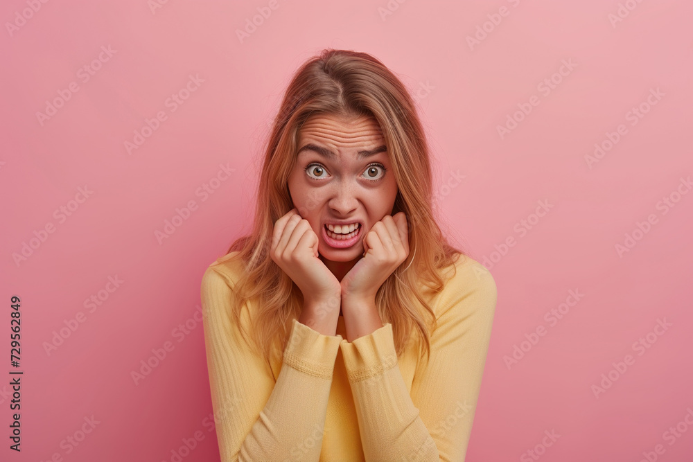 Fototapeta premium Sad woman in studio with oops reaction on pink background. Mistake, sorry and female overwhelmed by fake news, drama or secret with regret.