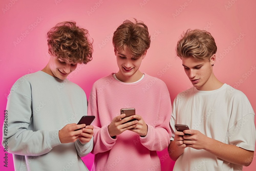 Three attractive young men looking at smartphones on a pink background Three attractive young men looking at smartphones on a pink background
