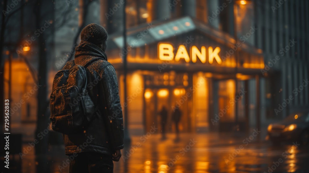 Solitary Figure Approaching Neon-Lit Bank in Evening Ambiance