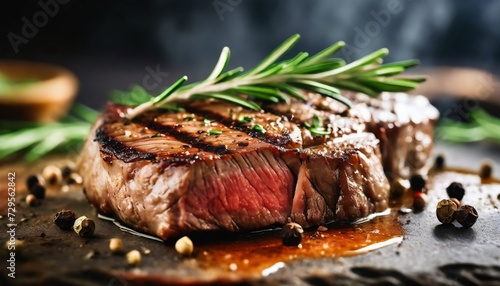 grilled medium rib eye steak with rosemary and pepper macro ai generative