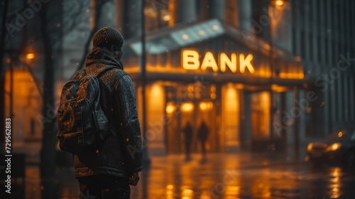 Solitary Figure Approaching Neon-Lit Bank in Evening Ambiance