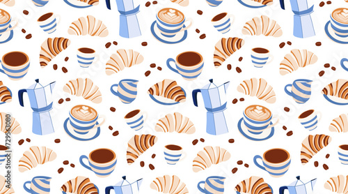 Coffee Desserts croissant Seamless Pattern. Tropical Theme