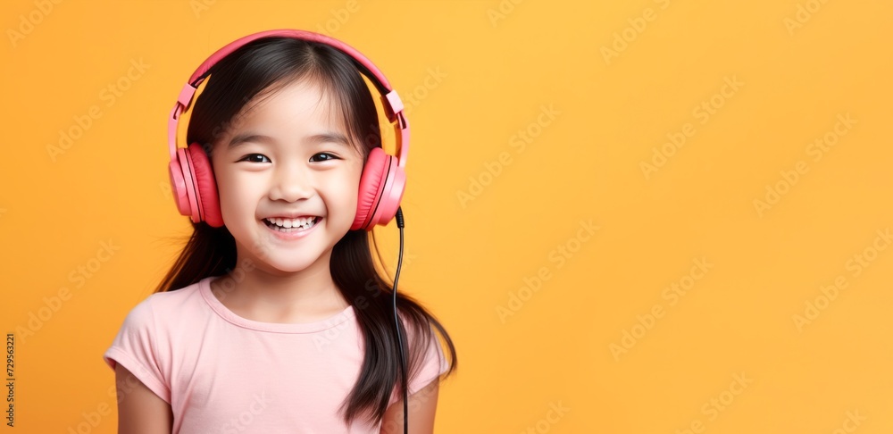 studio portrait of happy young Asian gamer girl wearing headphones isolated on yellow background studio portrait of happy young Asian gamer girl wearing headphones isolated on yellow background