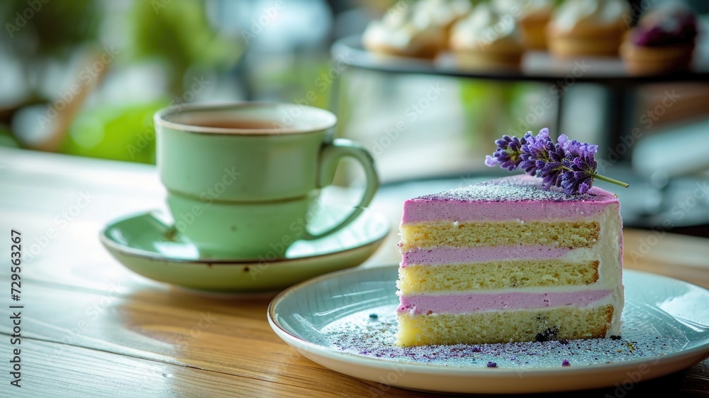 cozy morning setting with green tea and lavender fusion cake on a wooden table. cozy morning setting with green tea and lavender fusion cake on a wooden table.