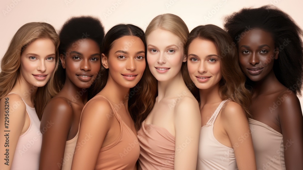young pretty asian, caucasian, afro woman posing cheerfully together on brown background, lifestyle concept of people of different nationalities. portrait of women young pretty asian, caucasian, afro woman posing cheerfully together on brown background, lifestyle concept of people of different nationalities. portrait of women