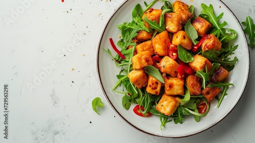 Scrumptious cooked sweet chili tofu healthy food with a white backdrop and space, Generative AI.